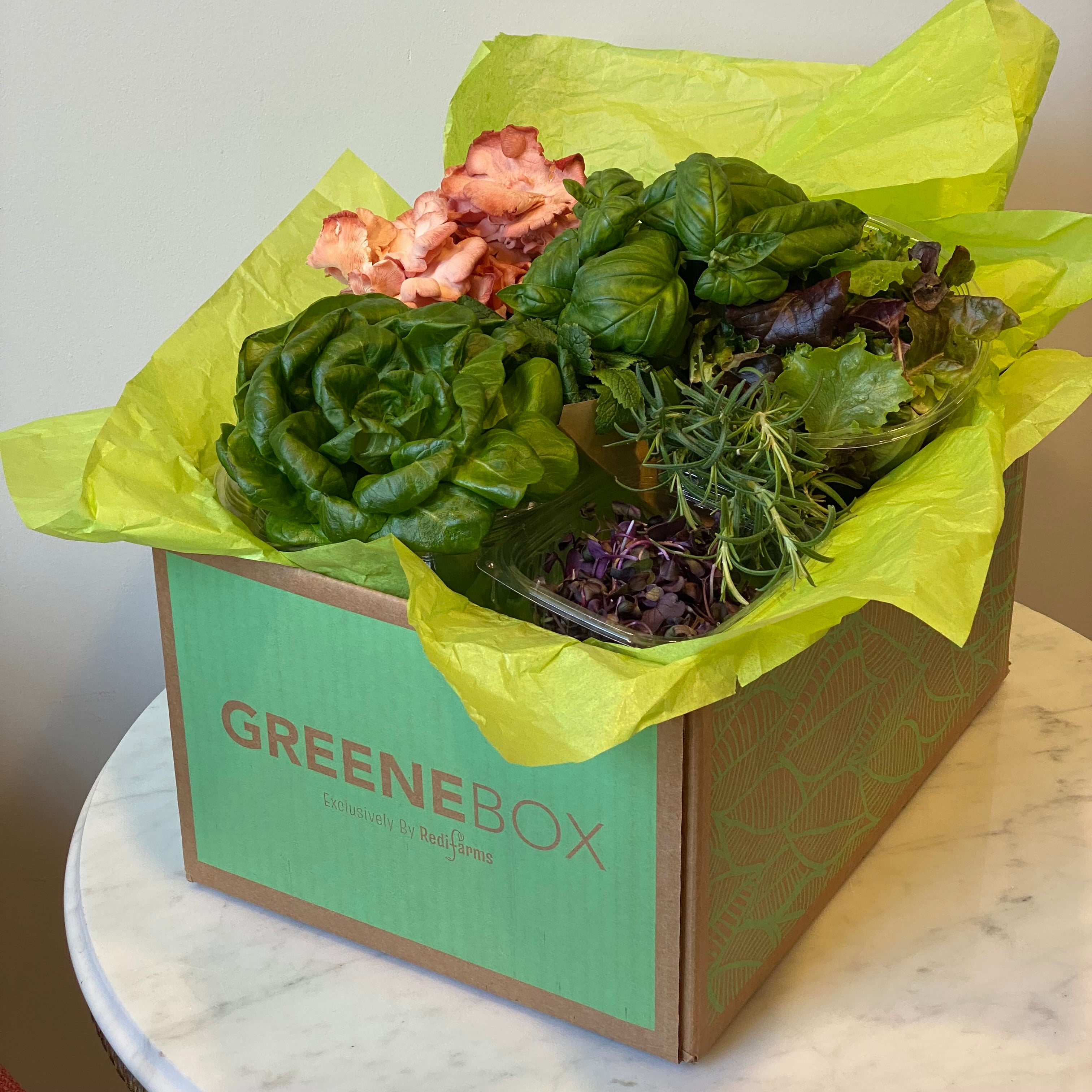 Mushrooms, lettuce, herbs and all the fresh items that come in the Greenebox